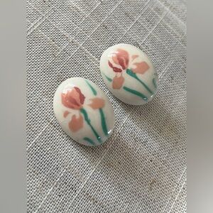 Iris ceramic oval clip on Earrings on Porcelain flower earrings..